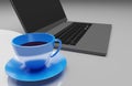 Blue cup coffee with laptop on desk Royalty Free Stock Photo