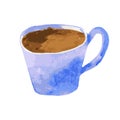 A blue cup filled with a hot drink. Watercolor style.