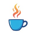 Blue cup with handle, containing stylized flame-like steam in orange and red hues, Royalty Free Stock Photo