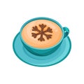 Blue cup of hot aromatic coffee with latte art in shape of snowflake of cinnamon powder. Flat vector design Royalty Free Stock Photo