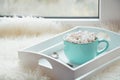 Blue cup of hot chocolate with marshmallow on windowsill with furskin for relax. Holiday concept. Home style. Royalty Free Stock Photo