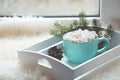 Blue cup of hot chocolate with marshmallow on windowsill. Weekend concept. Home style. Christmas time. Royalty Free Stock Photo
