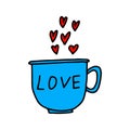 Blue Cup with the inscription love, steam in the form of hearts.Hand drawing.Valentine`s day gift.Love potion.Vector