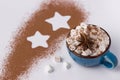Blue cup with marshmellow cacao powder and star.