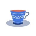 A blue cup on a saucer with coffee or tea on a white background. Vector flat image. Decor for postcards, stickers Royalty Free Stock Photo