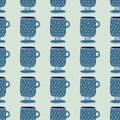 Blue cup silhouettes seamless doodle pattern. Pastel light background. Simple kitchen print Royalty Free Stock Photo