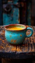 A blue cup of soup sitting on top of a wooden table Royalty Free Stock Photo