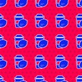 Blue Cup of tea with lemon icon isolated seamless pattern on red background. Vector Royalty Free Stock Photo