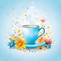 Blue cup with tea and summer flowers