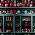 Blue cupboard filled with candy jars and baking pans (tiled