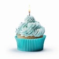 a blue cupcake with white icing and burnt candle generative AI