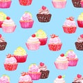 Blue cupcakes vector seamless pattern