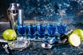 Blue curacao, alcoholic strong drinks. Cocktails and garnish at bar, pub or restaurant Royalty Free Stock Photo
