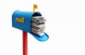 Blue curbside mailbox overflows with letters and bills. A stack of paper correspondence spills out of the opened door. Mail Royalty Free Stock Photo