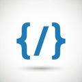 Blue curly brackets enclose a forward slash centered on a white background Royalty Free Stock Photo