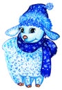 Blue curly hand-painted lamb in a New Year`s hat and scarf with a pattern on a white background. Is isolated