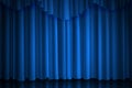 Blue curtain. Theater, cinema or scene drape luxury silk or velvet stage background with spot of illumination, vector