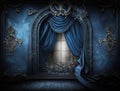 Generated Ai blue curtain and window backdrop with antique ornate wall sconces Royalty Free Stock Photo