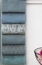 Blue curtains fabric pattern palette texture samples as abstract textile background. Handmade, clothes and furniture decoration