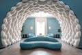 Blue curved round sofa under decorative abstract bubbles or balls arch. Art deco home interior design of modern living room.