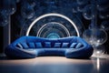 Blue curved round sofa under decorative abstract bubbles or balls arch