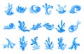 Blue Curved Water Splashes with Drops Big Vector Set