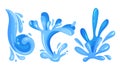 Blue Curved Water Splashes with Drops Vector Set