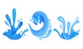 Blue Curved Water Splashes with Drops Vector Set