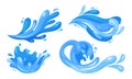 Blue Curved Water Splashes with Drops Vector Set