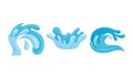 Blue Curved Water Splashes with Drops Vector Set