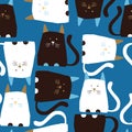 Blue with cute grumpy black and white cats seamless pattern background design.