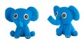 Blue cute plasticine elephant in sit action on white background