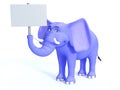 Blue cute toon elephant holding empty sign.