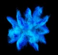 Blue cyan holi paint color powder explosion isolated dark black background. industry beautiful party festival concept