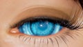 The blue cyber eye of a girl looks into the camera close-up. Macro shot of a blue cyber eye. The eye is made using Royalty Free Stock Photo