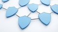Blue cybersecurity shields linked in a chain formation, symbolizing connected security systems, streamlined data integrity, and