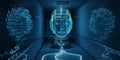 Cyborg hologram watching a subway interior 3D rendering
