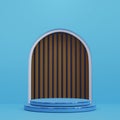 blue cylinder pedestal podium with arch shape backdrop and brown battens. 3d rendering