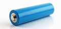 Blue cylindrical battery placed on white surface. Power supply element with metallic terminals for tools, electronics, gadgets. Royalty Free Stock Photo
