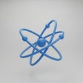 Blue 3D Atom Model with Orbiting Electrons on Gray Background molecule science Royalty Free Stock Photo