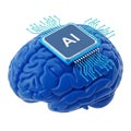 Blue 3D Brain with AI Chip and Circuitry on White Background artificial intelligence Royalty Free Stock Photo
