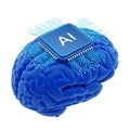 Blue 3D Brain with AI Chip and Circuitry on White Background artificial intelligence Royalty Free Stock Photo