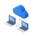Blue cloud connected to two laptops displaying the word D A T A cloud computing data storage Royalty Free Stock Photo