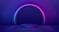 Blue 3d cylindrical pedestal podium background with glowing and sparkling circular neon lights