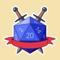 Blue D20 Die With Red Ribbon and Swords. Colored Outline Style Royalty Free Stock Photo