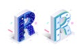 Blue 3d isometric letter R made with cellular virtual style