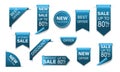 Blue 3D new collection sale tags labels ribbon and badges white text on white background vector Royalty Free Stock Photo