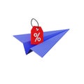 Blue 3D Paper Airplane icon with discount tag red color. Sale concept. Isolated on white background. 3D Rendering. Cartoon style Royalty Free Stock Photo