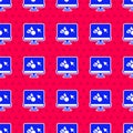 Blue 3D printer software icon isolated seamless pattern on red background. 3d printing. Vector Royalty Free Stock Photo