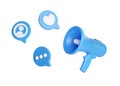 Blue 3d render megaphone illustration - social media like, content elements and message bubbles with loudspeaker